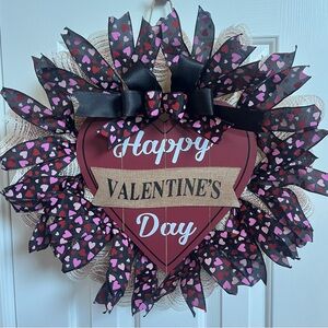 Happy Valentines Day Heart Shaped Wreath 22” Pink Red Black Indoor Or Outdoor